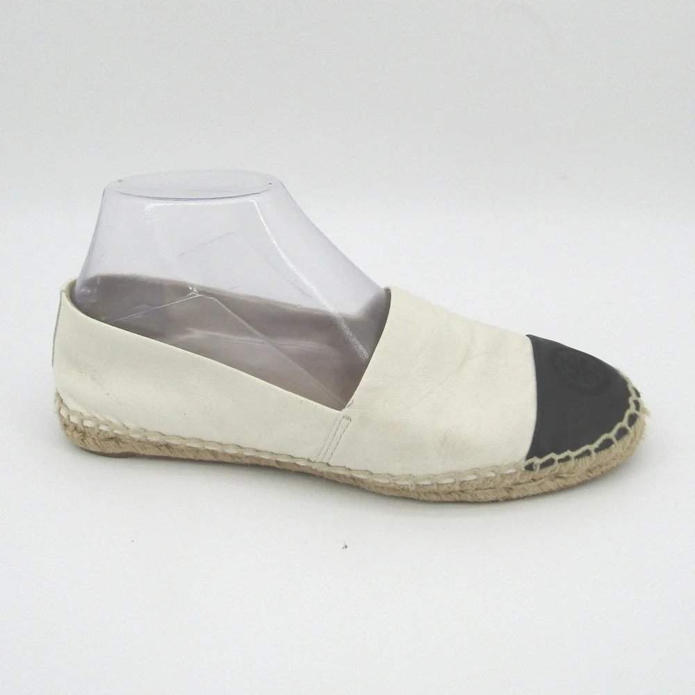 Tory Burch Womens Leather Cap Toe Espadrille Flats Cream Black Logo 8M 51158649
